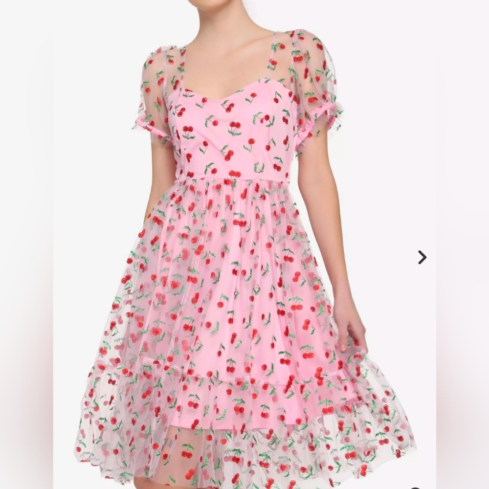 Hot Topic Pink Tulle Sparkle Cherries Midi Dress Size 1X